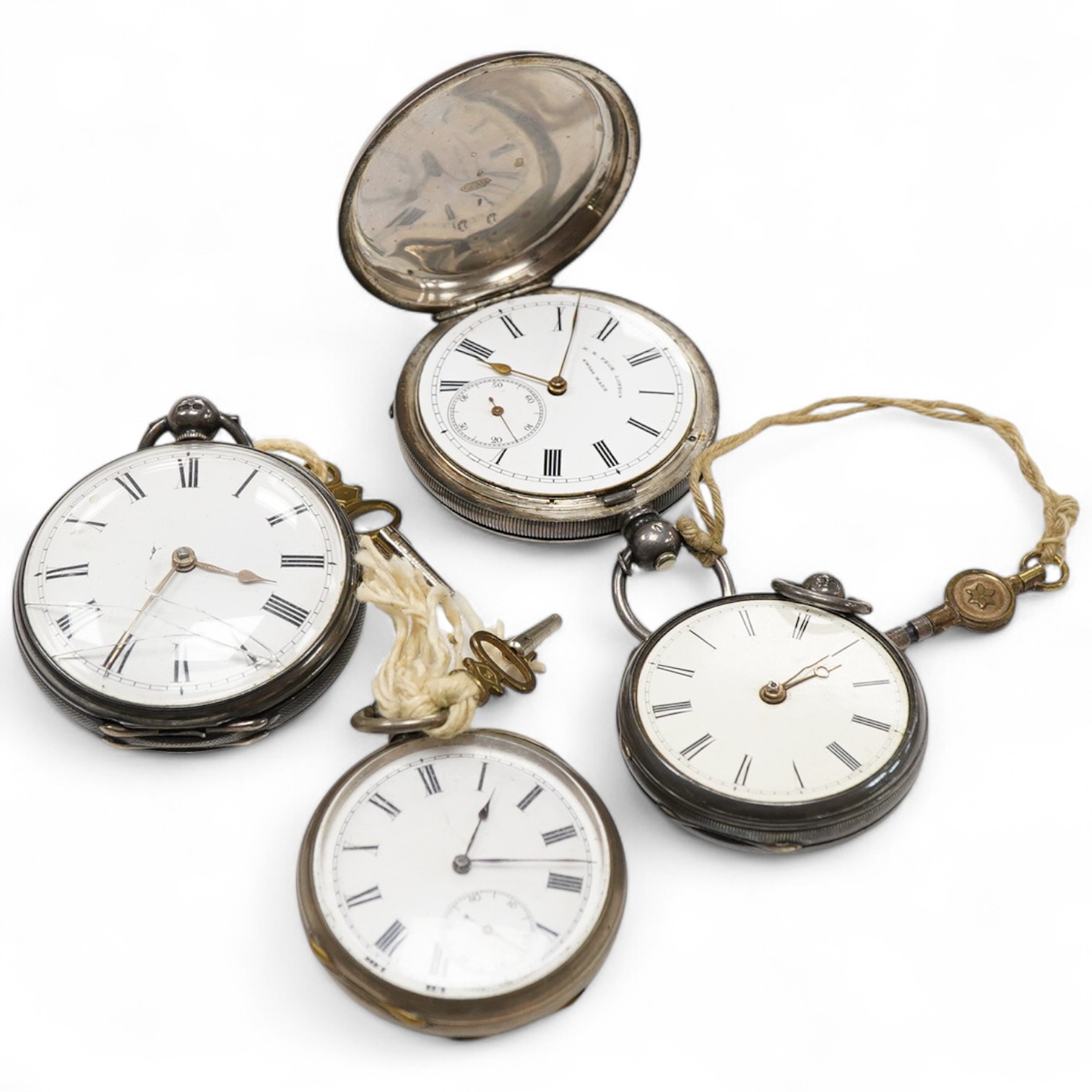 A Victorian silver open faced pocket watch by John Pill, London, two white metal fob watches and a Swiss 935 standard hunter pocket watch